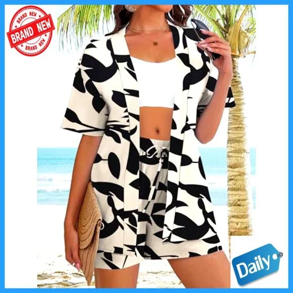 Tropical Print Kimono Set Lightweight Blouse Shorts Summer Beach Coverup - Picture 2 of 7